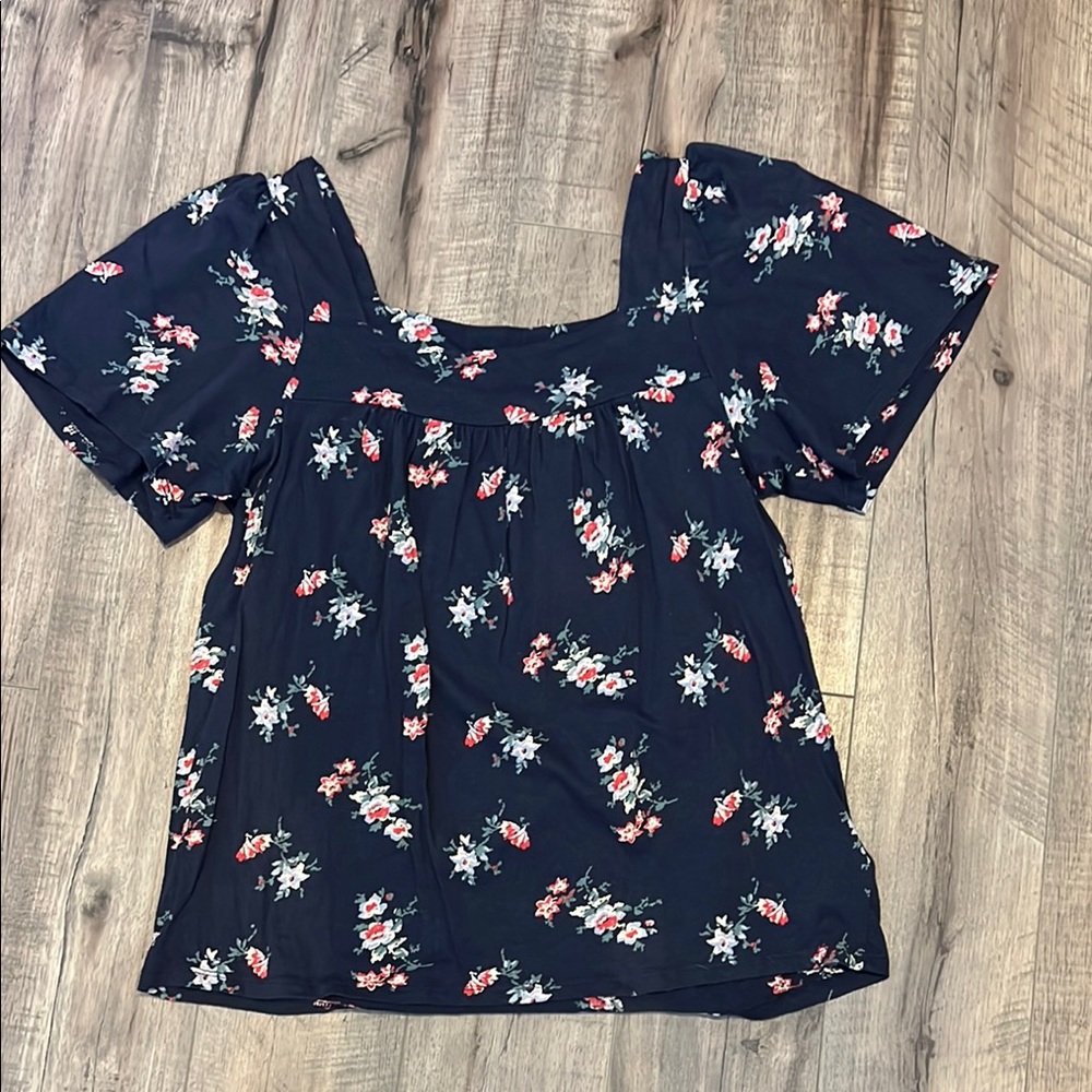 Lucky Brand Smocked Puff Sleeve Blue and White Blouse
